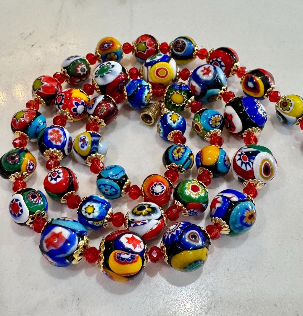 Vintage Murano Millefiori Glass Necklace: Rainbow Red Graduated Beads
