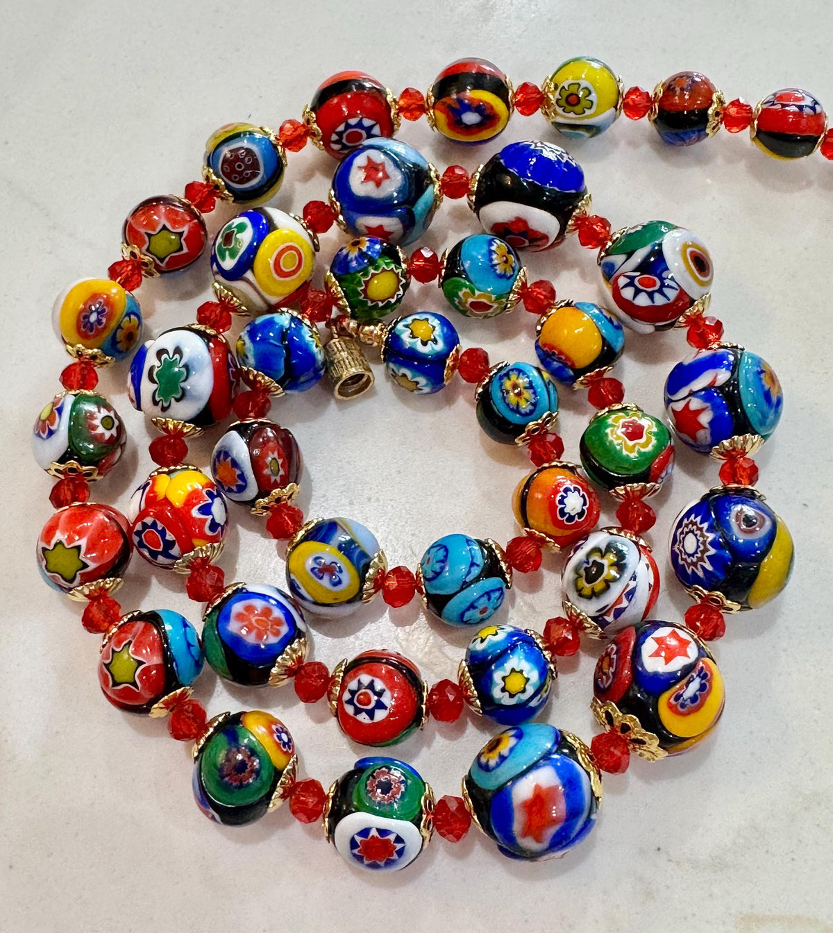 Vintage Murano Millefiori Glass Necklace: Rainbow Red Graduated Beads