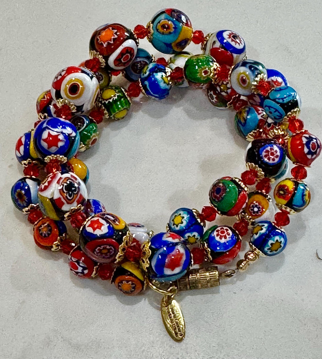 Vintage Murano Millefiori Glass Necklace: Rainbow Red Graduated Beads