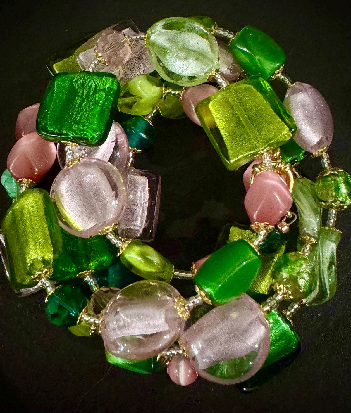Rosario Leonardi Pink and Green Murano Glass Necklace using Antique Beads