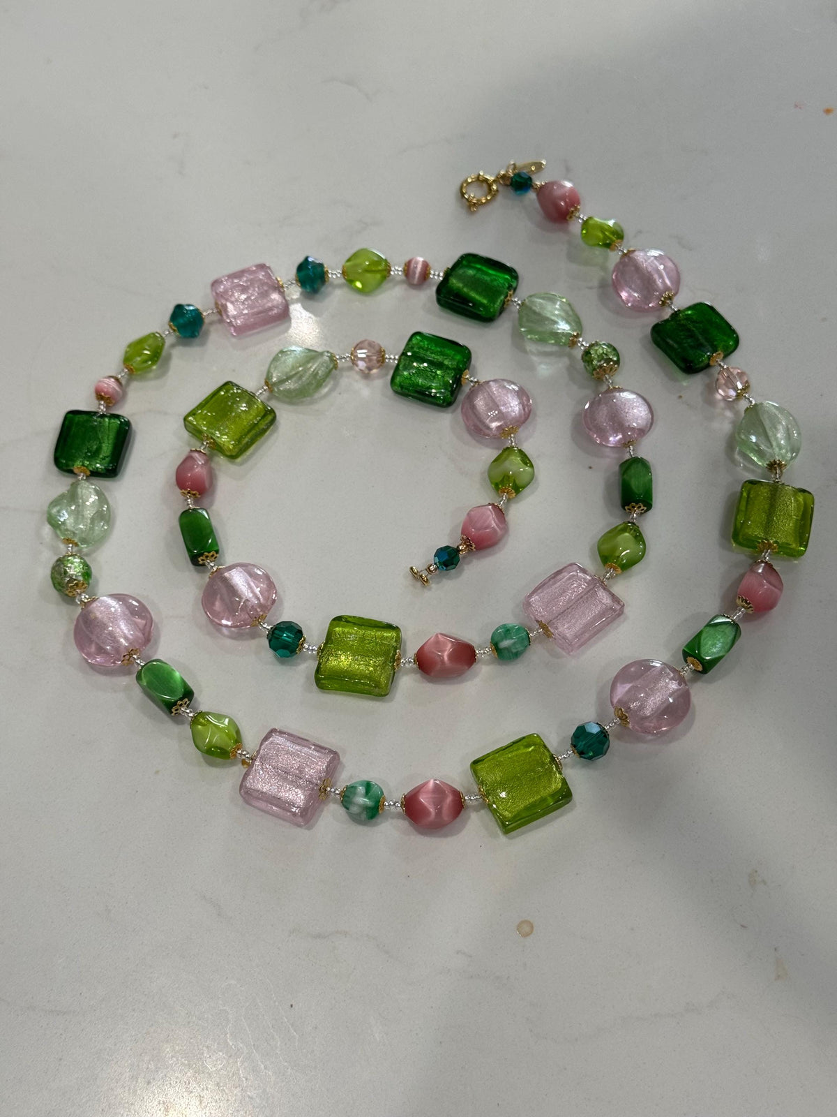 Rosario Leonardi Pink and Green Murano Glass Necklace using Antique Beads