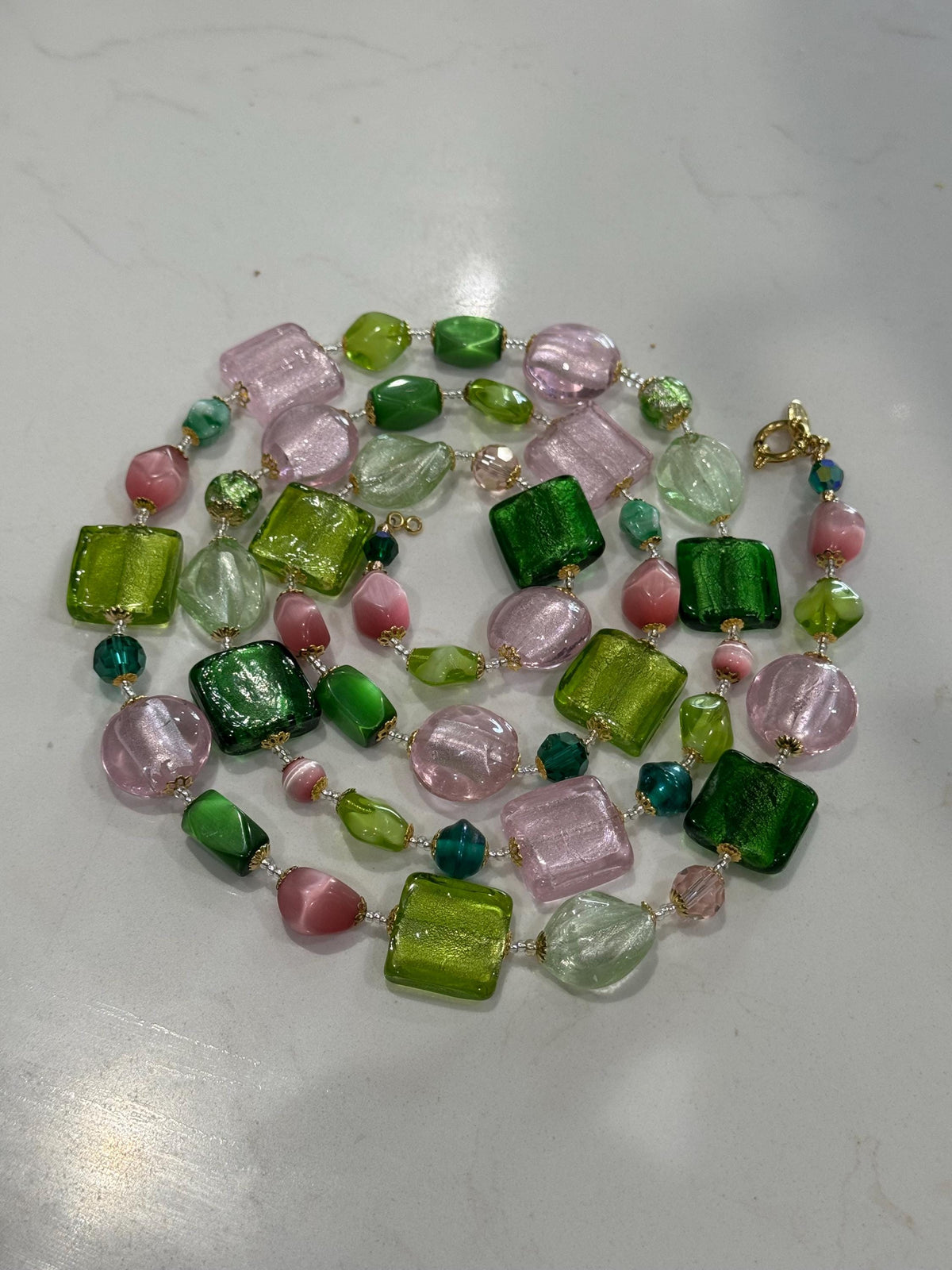 Rosario Leonardi Pink and Green Murano Glass Necklace using Antique Beads