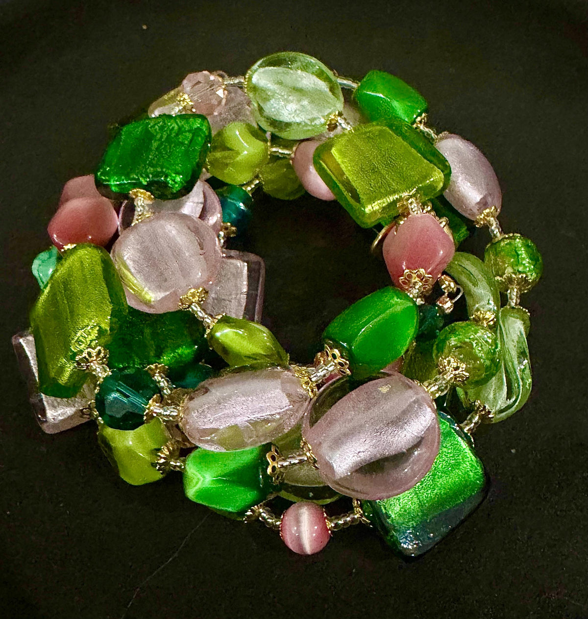 Rosario Leonardi Pink and Green Murano Glass Necklace using Antique Beads