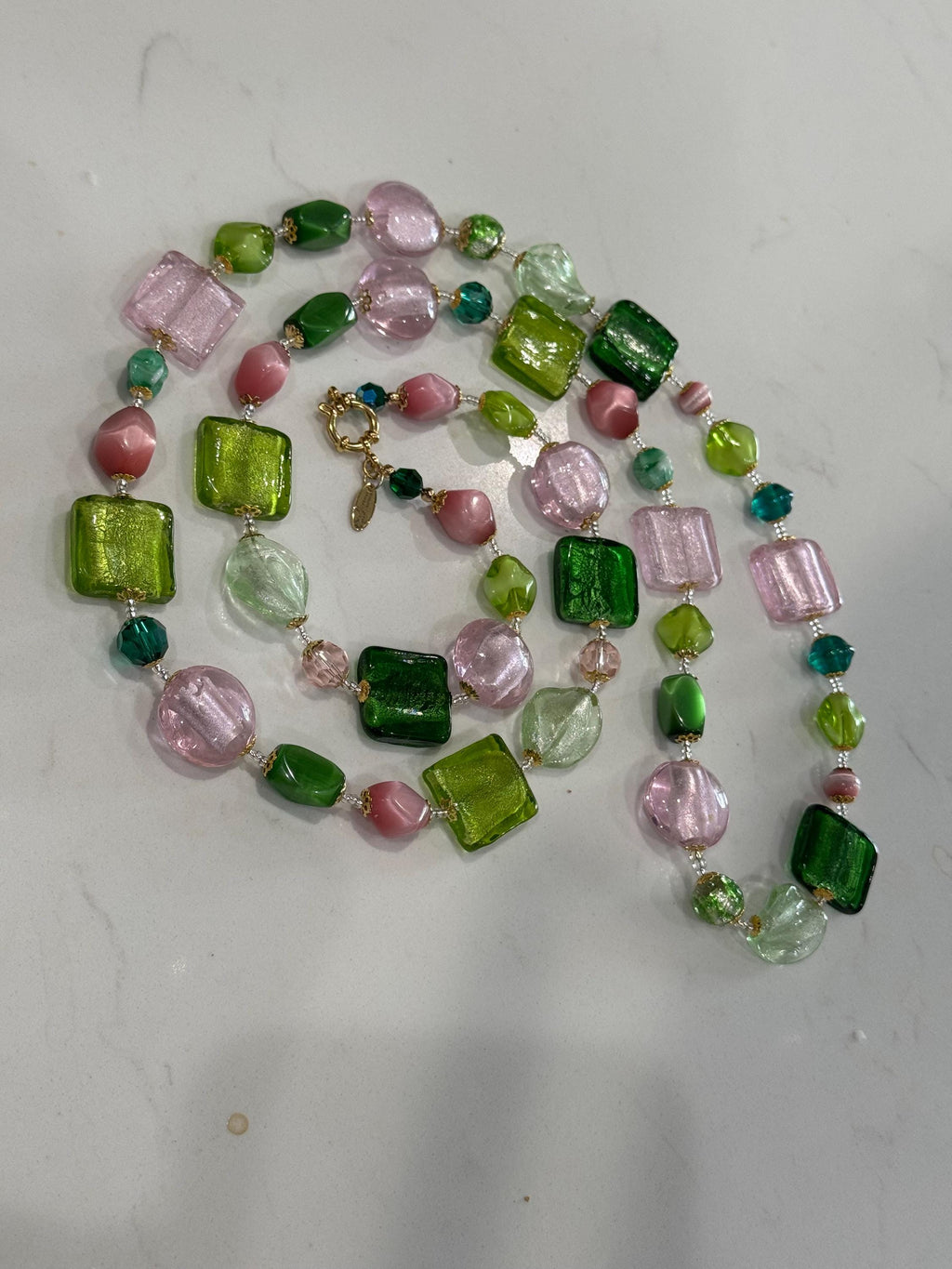 Rosario Leonardi Pink and Green Murano Glass Necklace using Antique Beads