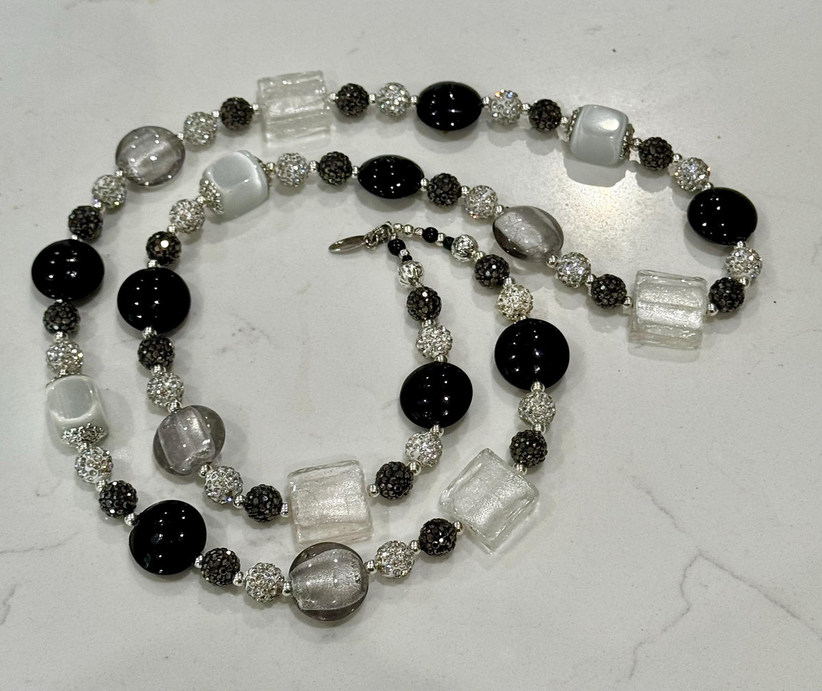 Rosario Leonardi Black, Silver, and Clear Murano Glass Necklace