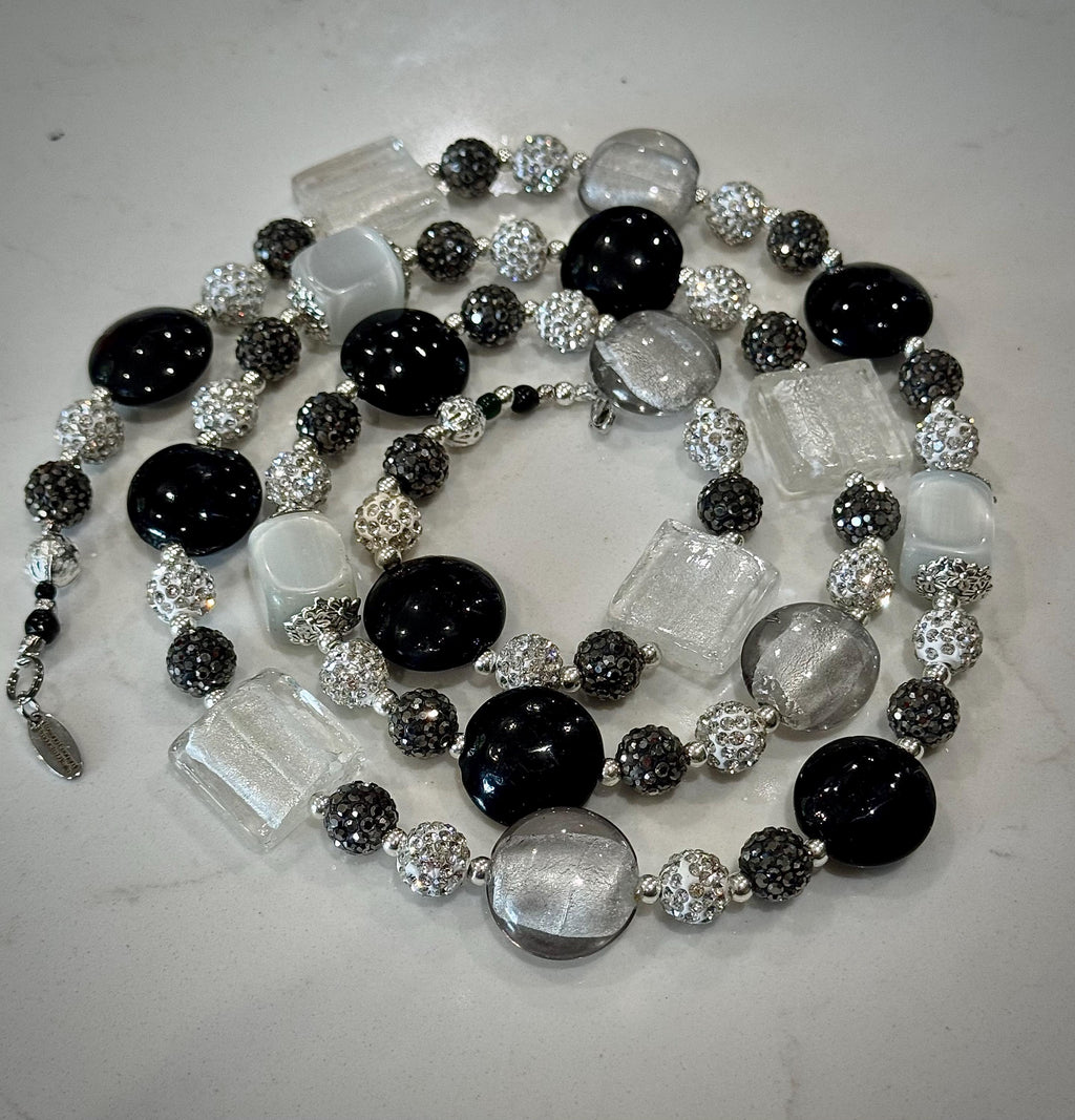 Rosario Leonardi Black, Silver, and Clear Murano Glass Necklace