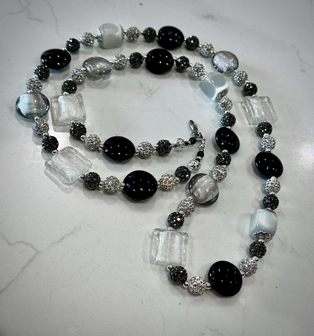 Rosario Leonardi Black, Silver, and Clear Murano Glass Necklace