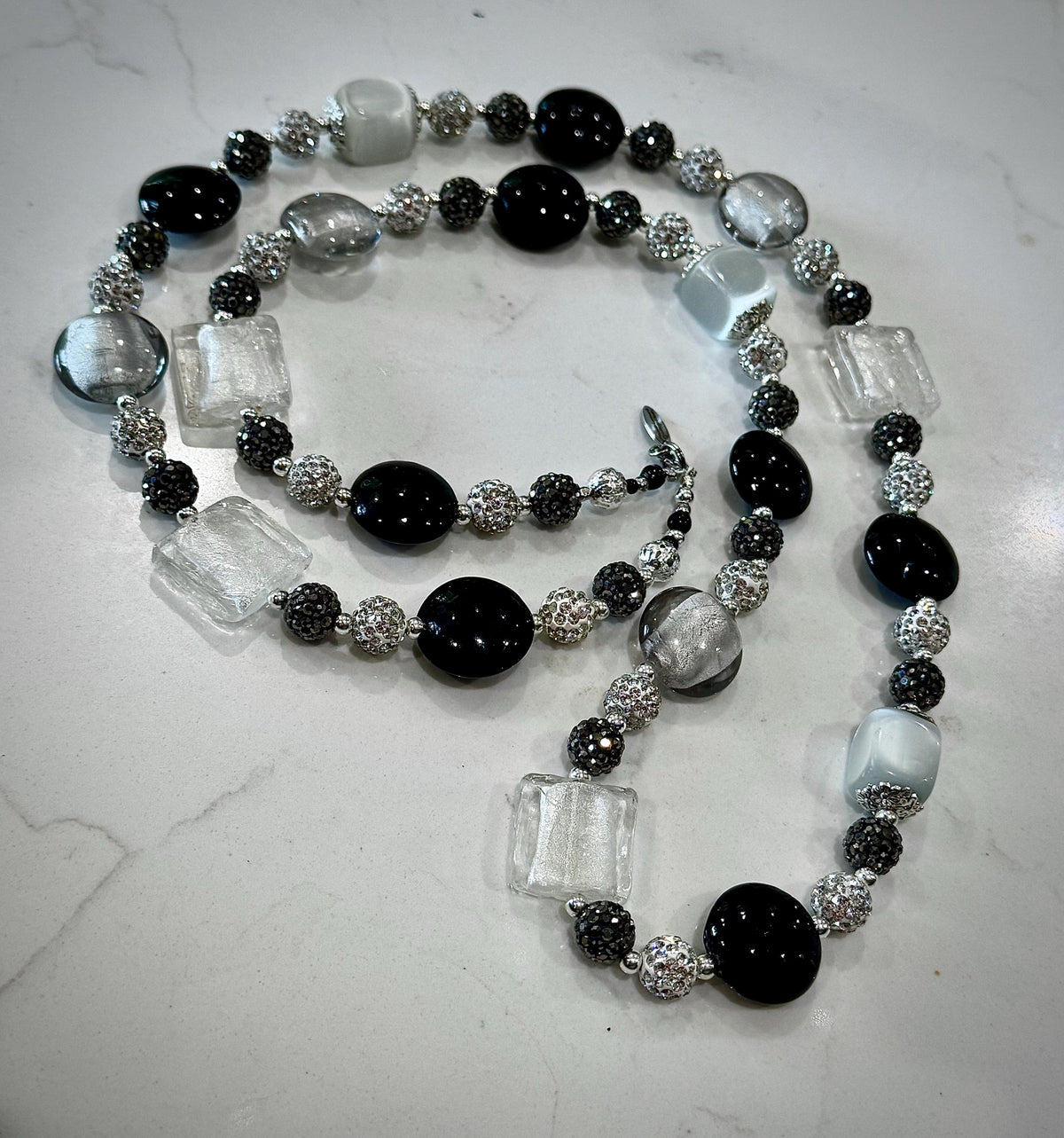 Rosario Leonardi Black, Silver, and Clear Murano Glass Necklace