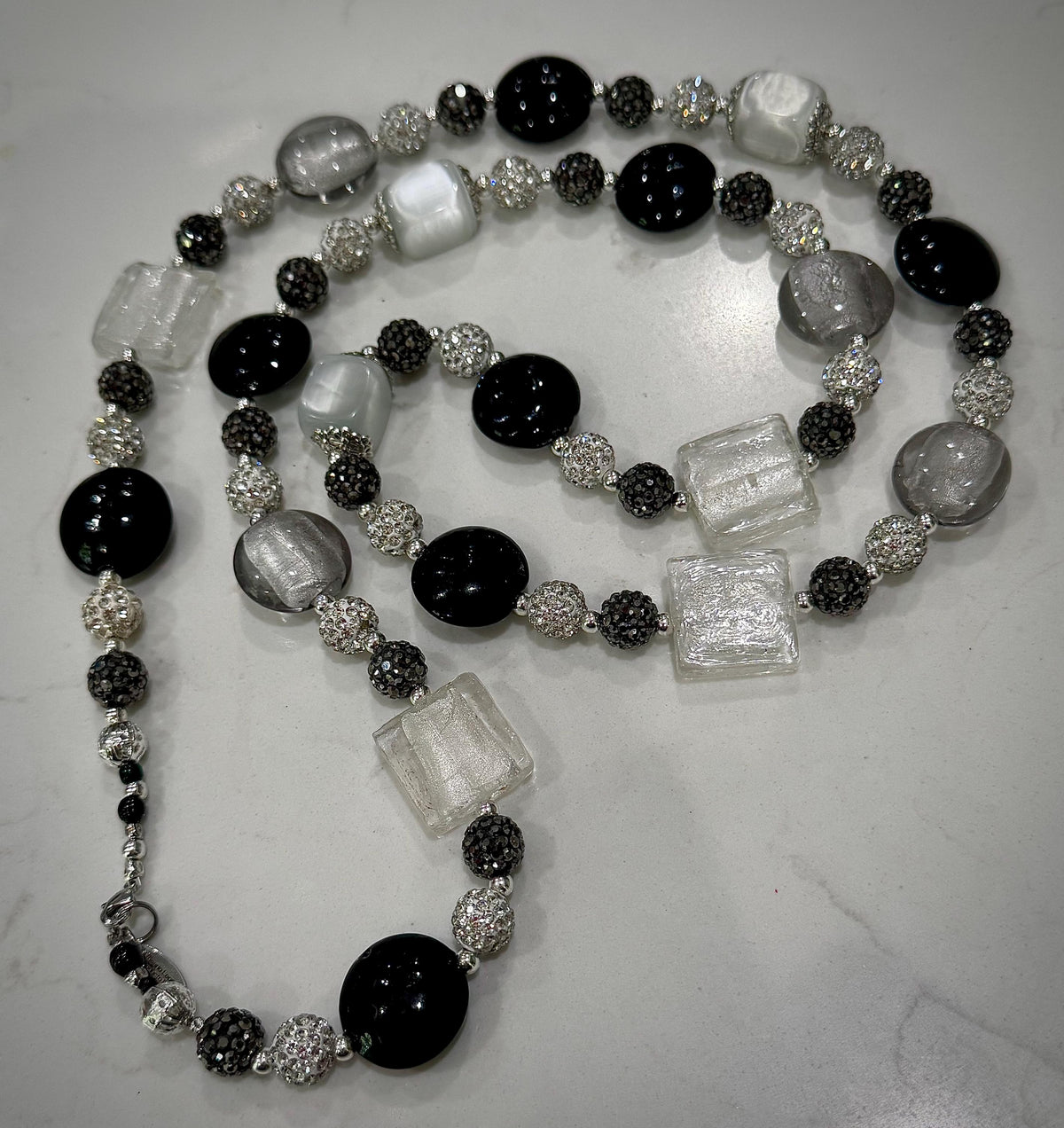 Rosario Leonardi Black, Silver, and Clear Murano Glass Necklace