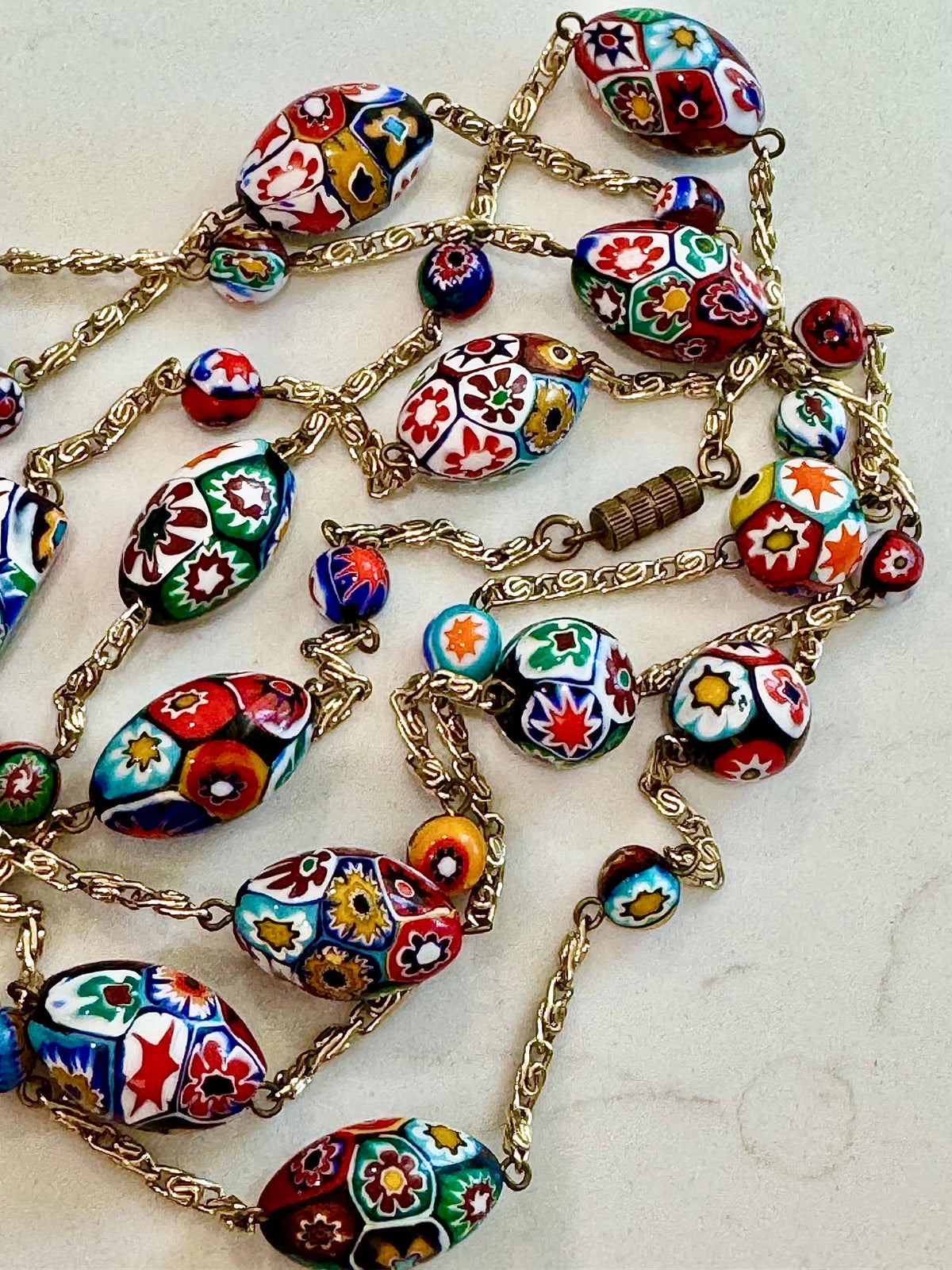 Vintage Ercole Moretti Extra Long Necklace on Gold Tone Chain