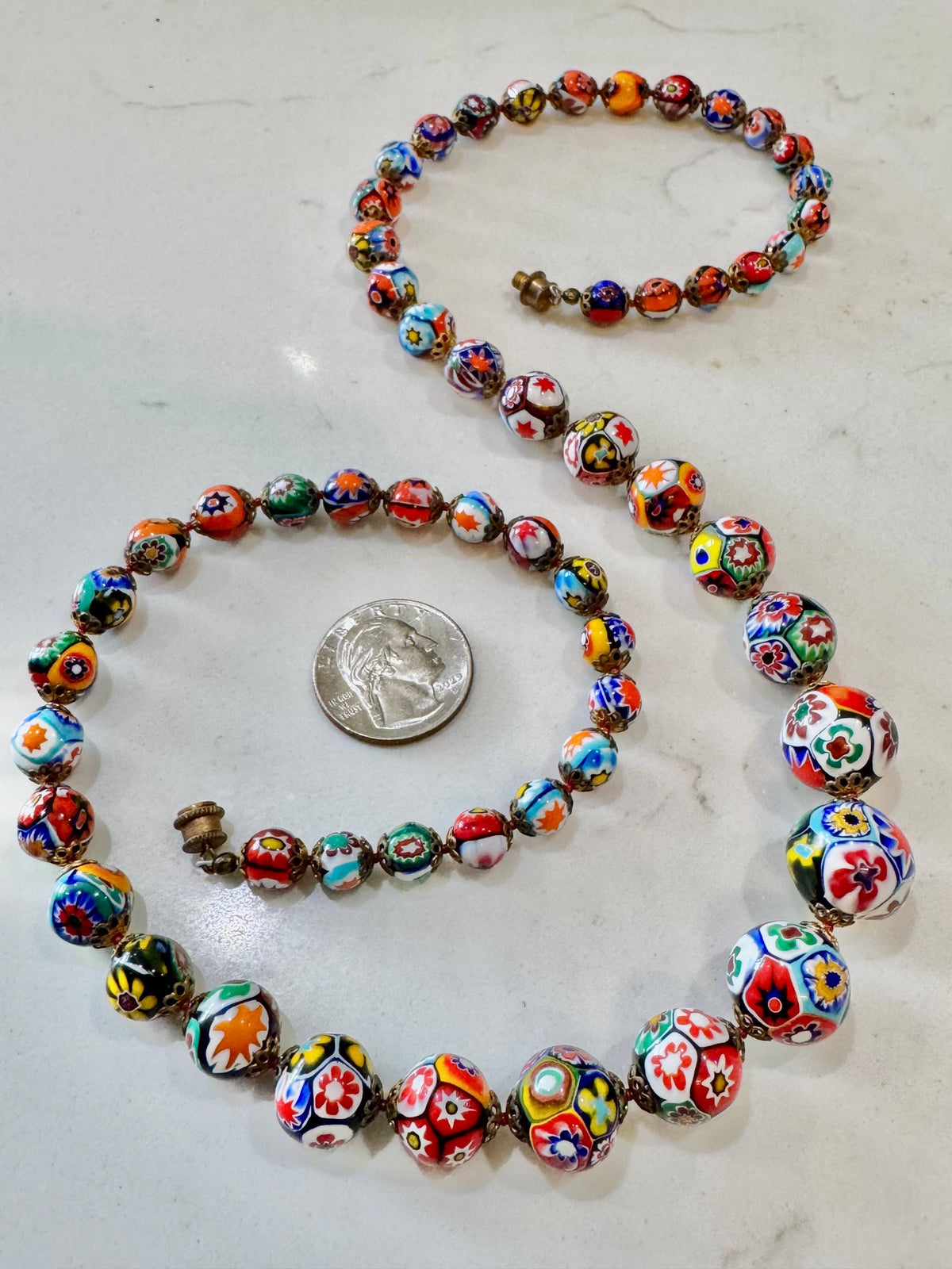 Vintage Ercole Moretti Graduated Round Millefiori Murano Glass Beaded Necklace, 27"
