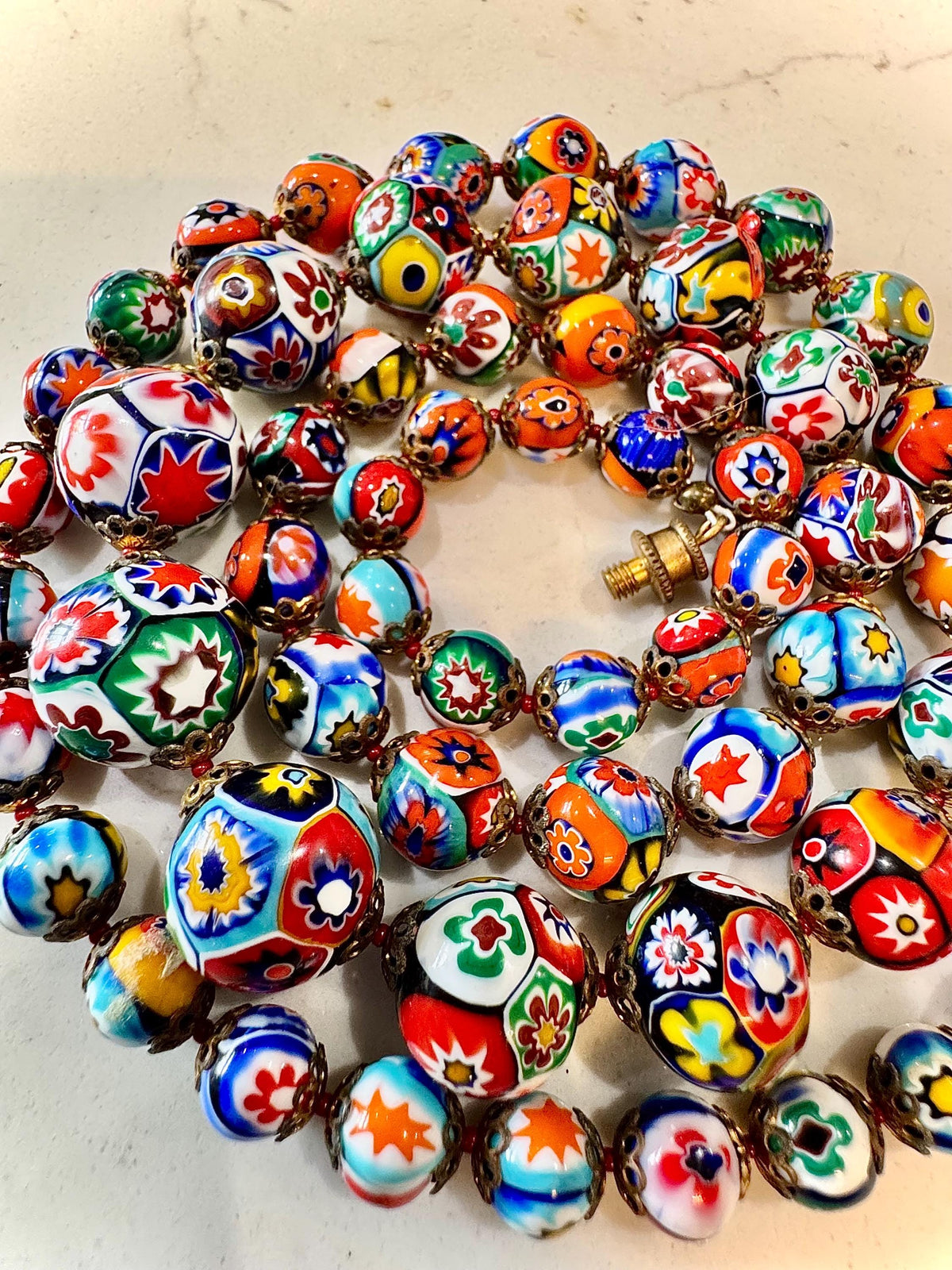 Vintage Ercole Moretti Graduated Round Millefiori Murano Glass Beaded Necklace, 27"