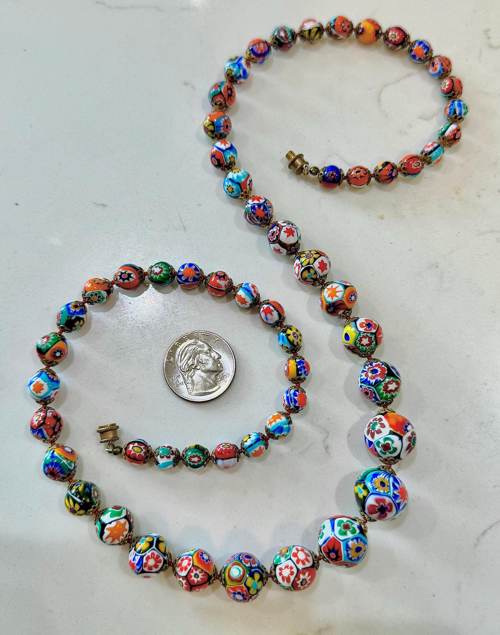 Vintage Ercole Moretti Graduated Round Millefiori Murano Glass Beaded Necklace, 27"