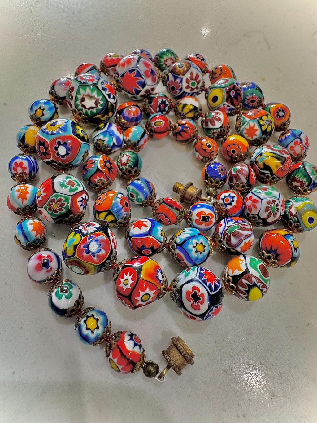 Vintage Ercole Moretti Graduated Round Millefiori Murano Glass Beaded Necklace, 27"