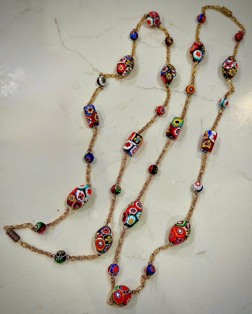 Ercole Moretti 26” Rectangle, Oval and Round Beaded Necklace on a Gold Tone Chain