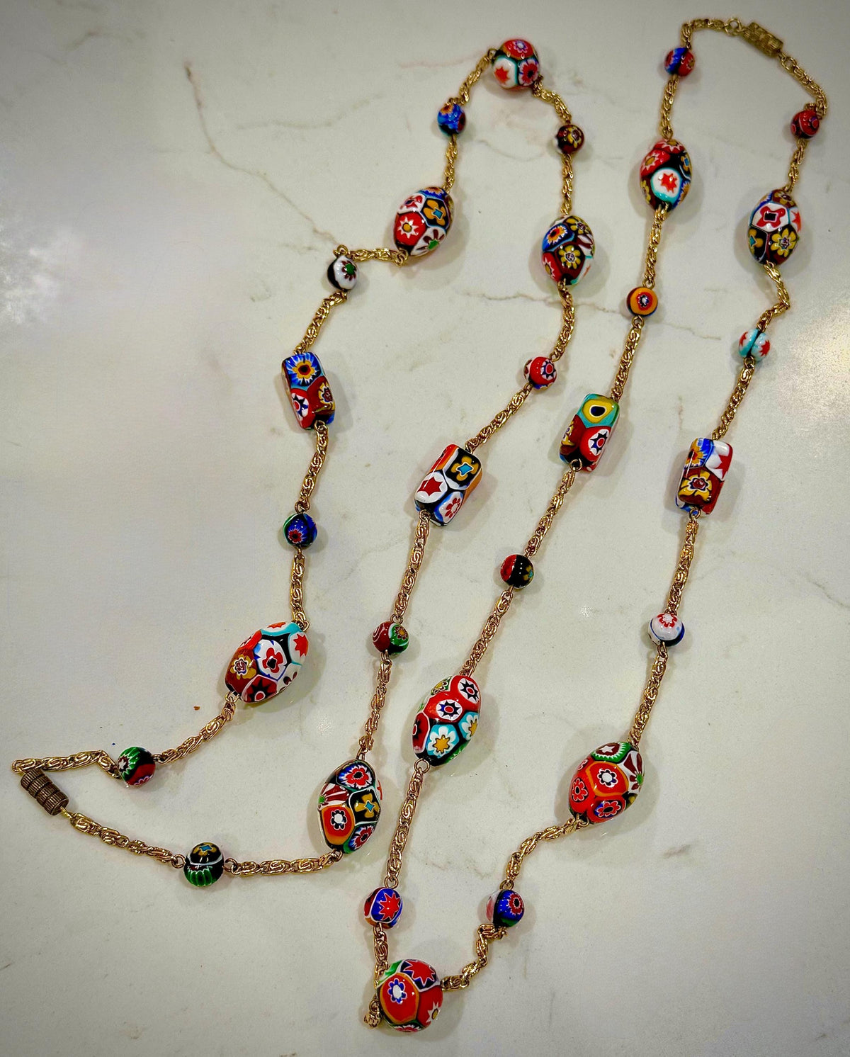 Ercole Moretti 26” Rectangle, Oval and Round Beaded Necklace on a Gold Tone Chain