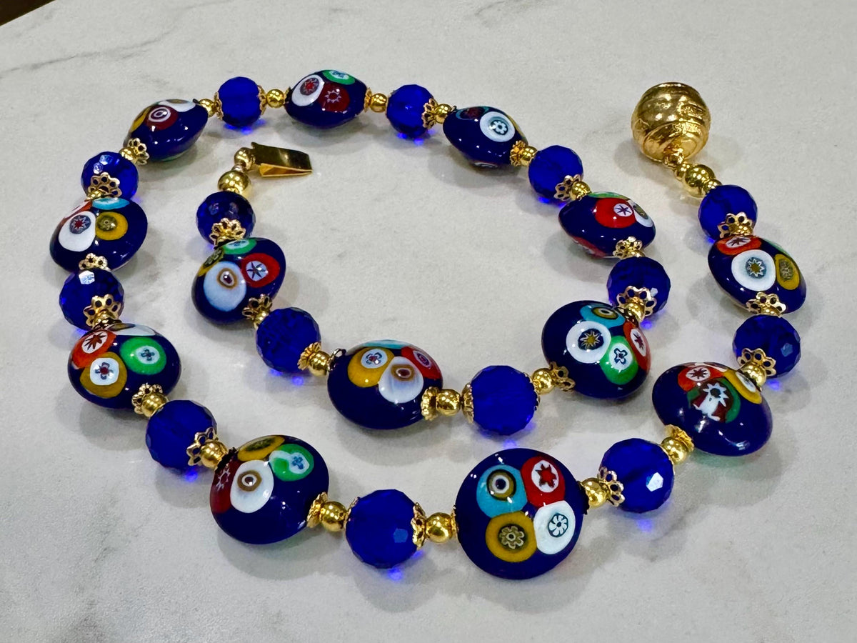Rosario Leonardi Deep Blue Murano Millefiori Beaded Necklace