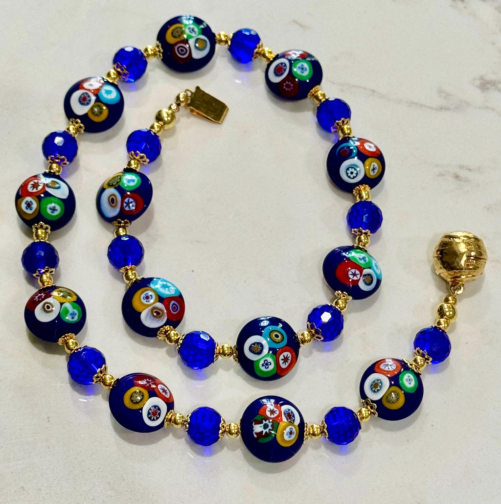 Rosario Leonardi Deep Blue Murano Millefiori Beaded Necklace