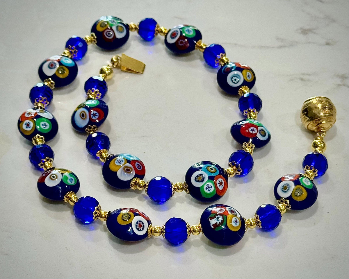 Rosario Leonardi Deep Blue Murano Millefiori Beaded Necklace