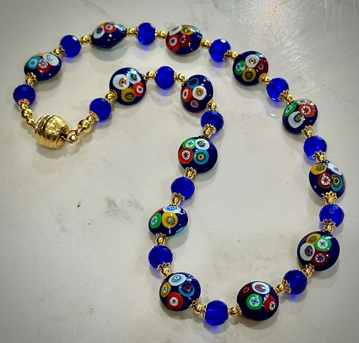 Rosario Leonardi Deep Blue Murano Millefiori Beaded Necklace