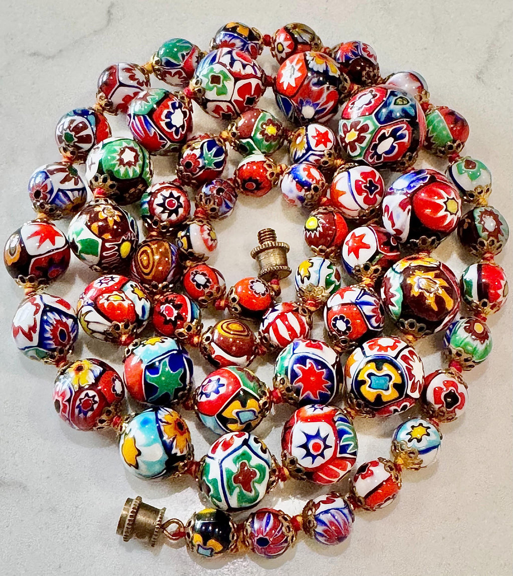 Vintage Ercole Moretti Graduated Round Millefiori Murano Glass Beaded Necklace, 28”