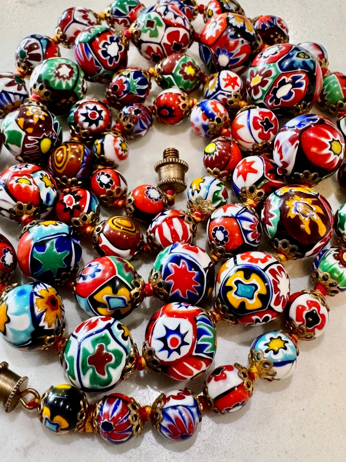 Vintage Ercole Moretti Graduated Round Millefiori Murano Glass Beaded Necklace, 28”