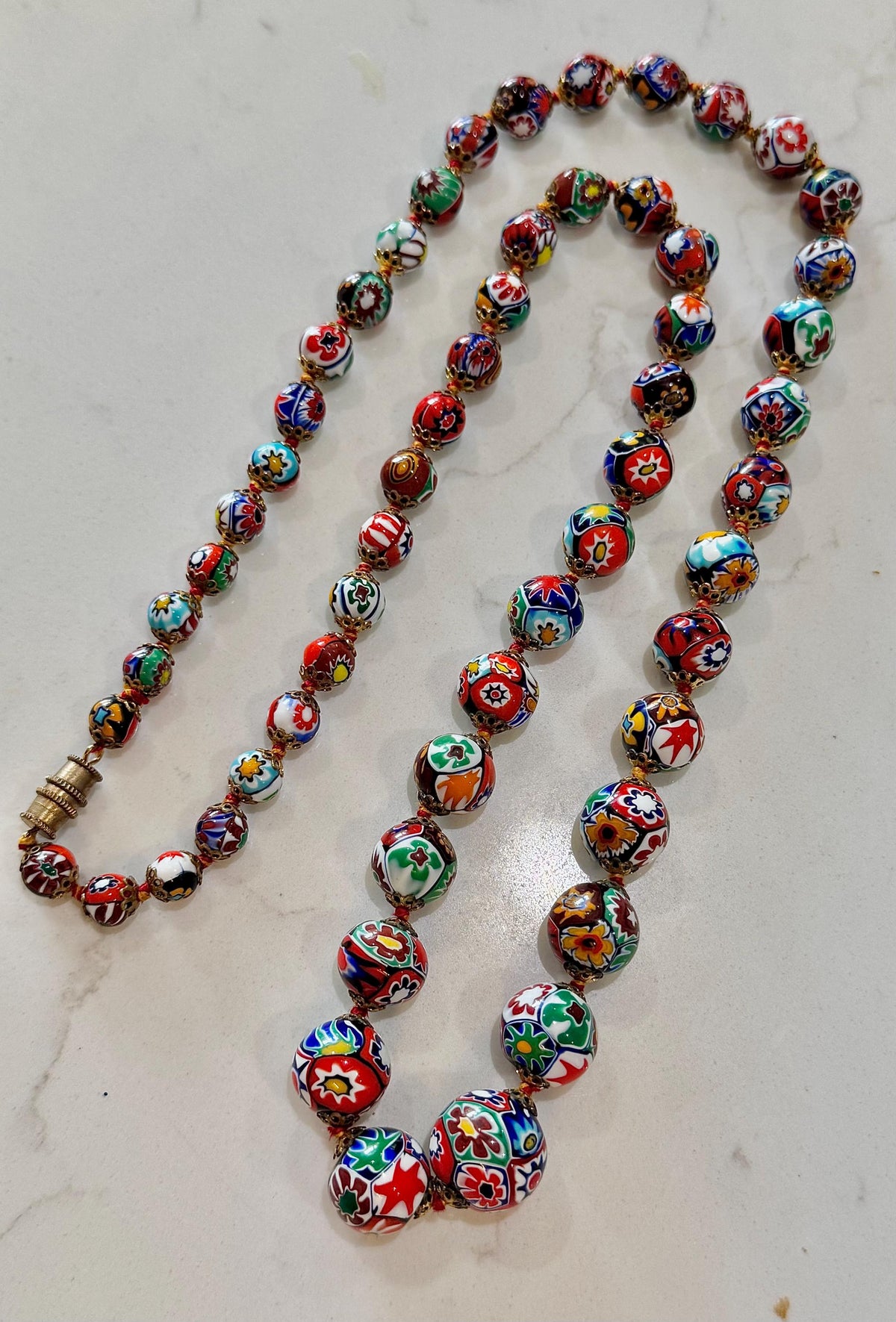 Vintage Ercole Moretti Graduated Round Millefiori Murano Glass Beaded Necklace, 28”