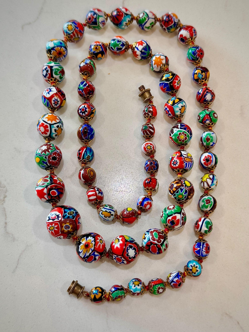 Vintage Ercole Moretti Graduated Round Millefiori Murano Glass Beaded Necklace, 28”