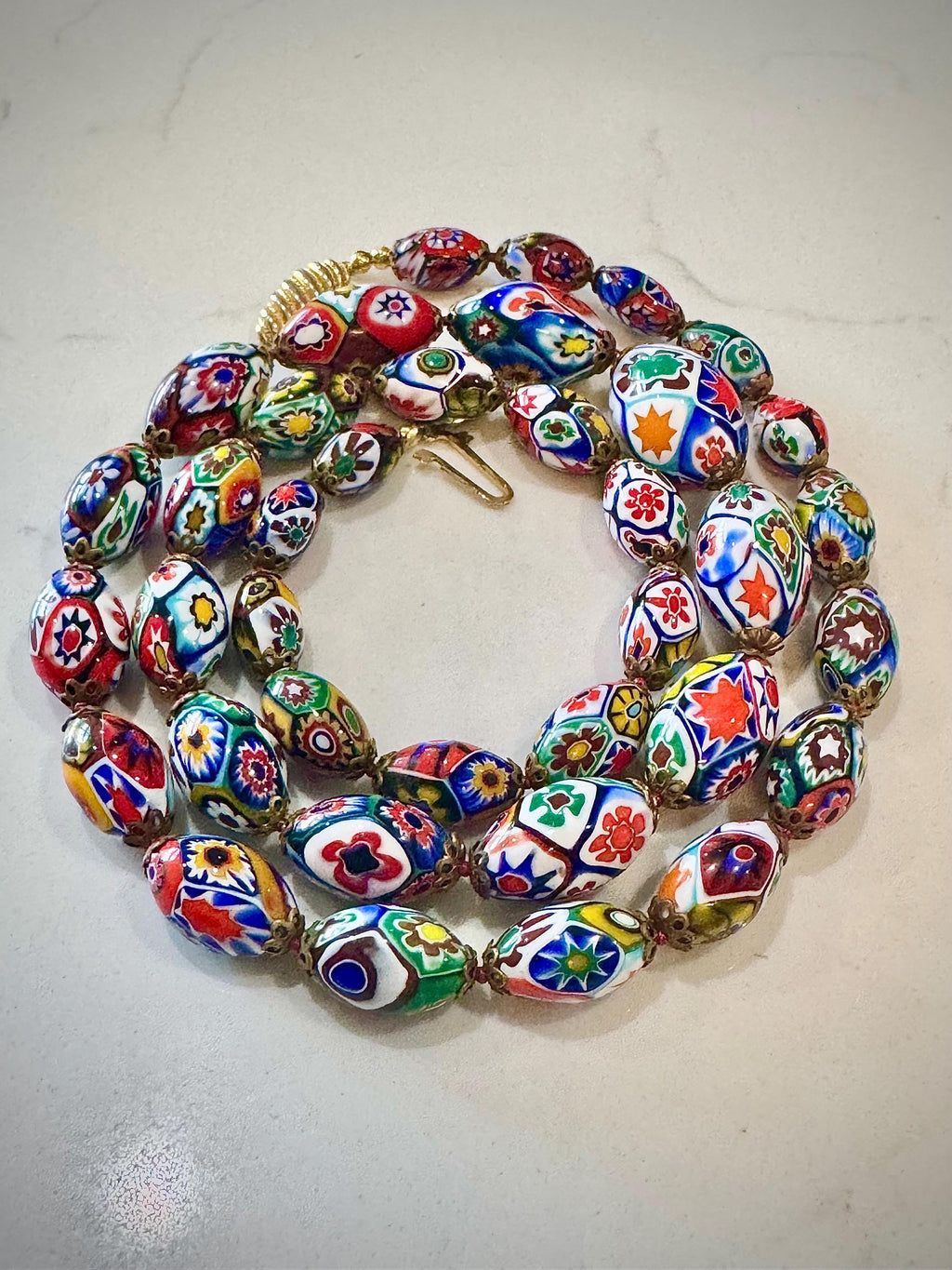 Vintage Millefiori by Ercole MORETTI Murano Graduated Oval Glass Necklace 27”. Rare!