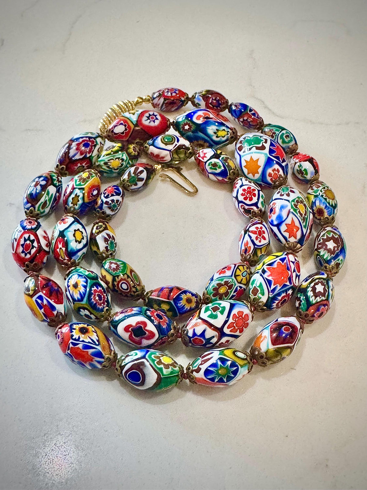 Vintage Millefiori by Ercole MORETTI Murano Graduated Oval Glass Necklace 27”. Rare!