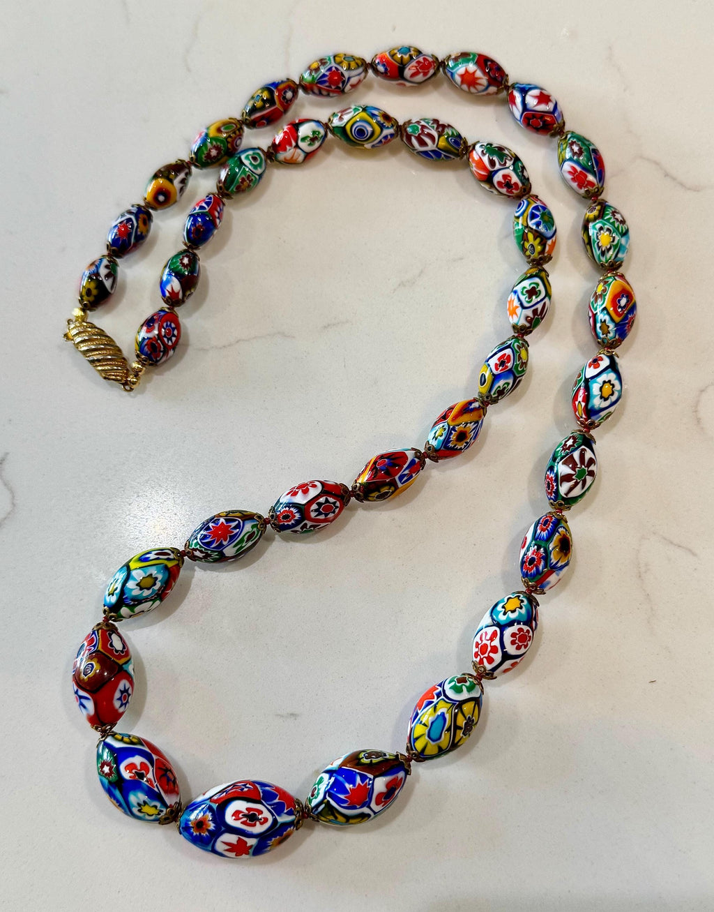 Vintage Millefiori by Ercole MORETTI Murano Graduated Oval Glass Necklace 27”. Rare!