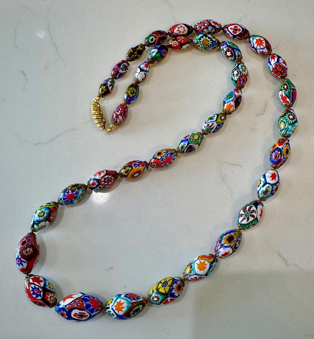 Vintage Millefiori by Ercole MORETTI Murano Graduated Oval Glass Necklace 27”. Rare!