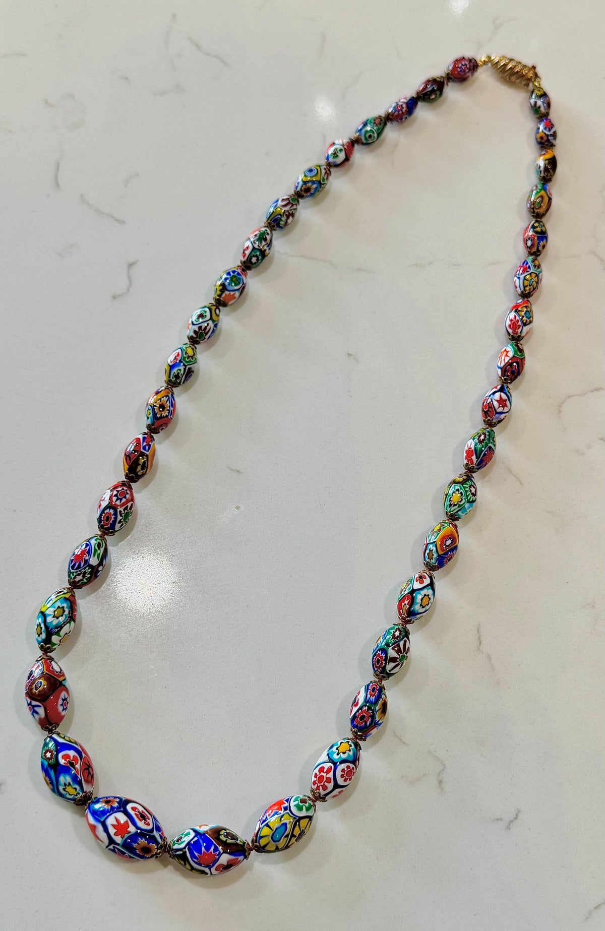 Vintage Millefiori by Ercole MORETTI Murano Graduated Oval Glass Necklace 27”. Rare!