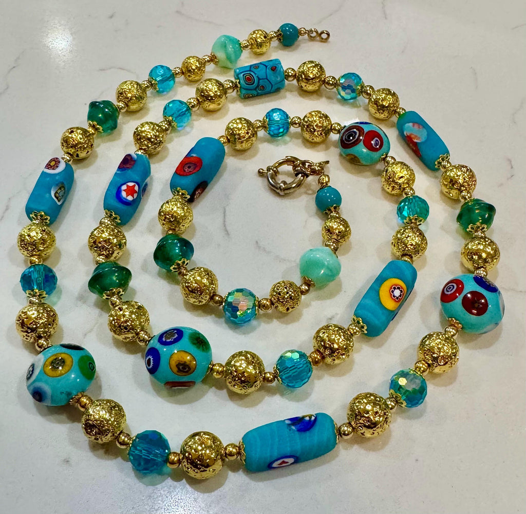 Vintage Rosario Leonardi Aqua Murano Millefiori Beaded Glass Necklace
