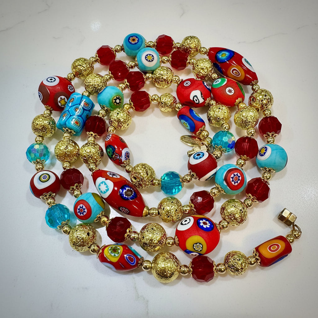 Rosario Leonardi Vintage Beaded Aqua & Red Murano Millefiori Glass Necklace