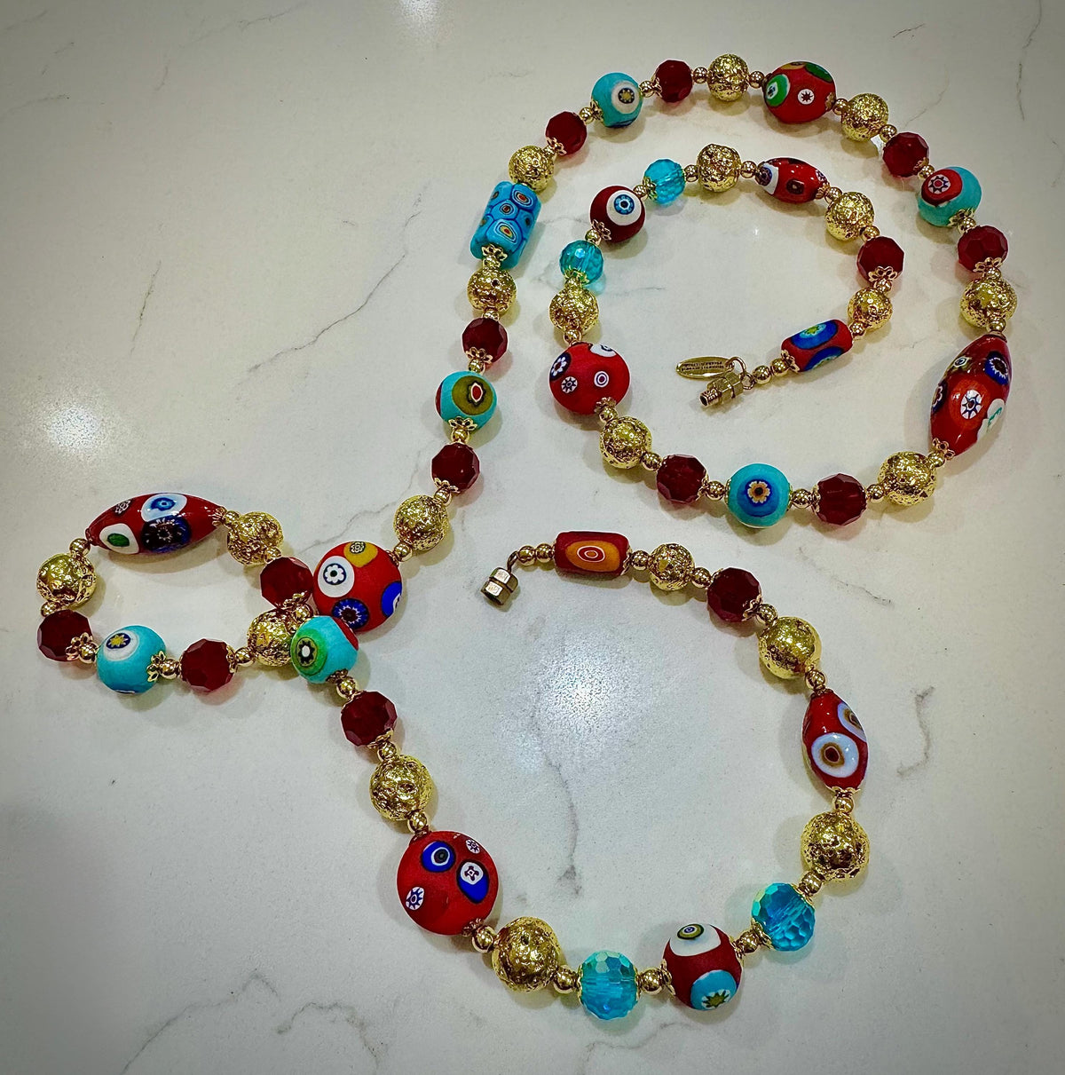 Rosario Leonardi Vintage Beaded Aqua & Red Murano Millefiori Glass Necklace