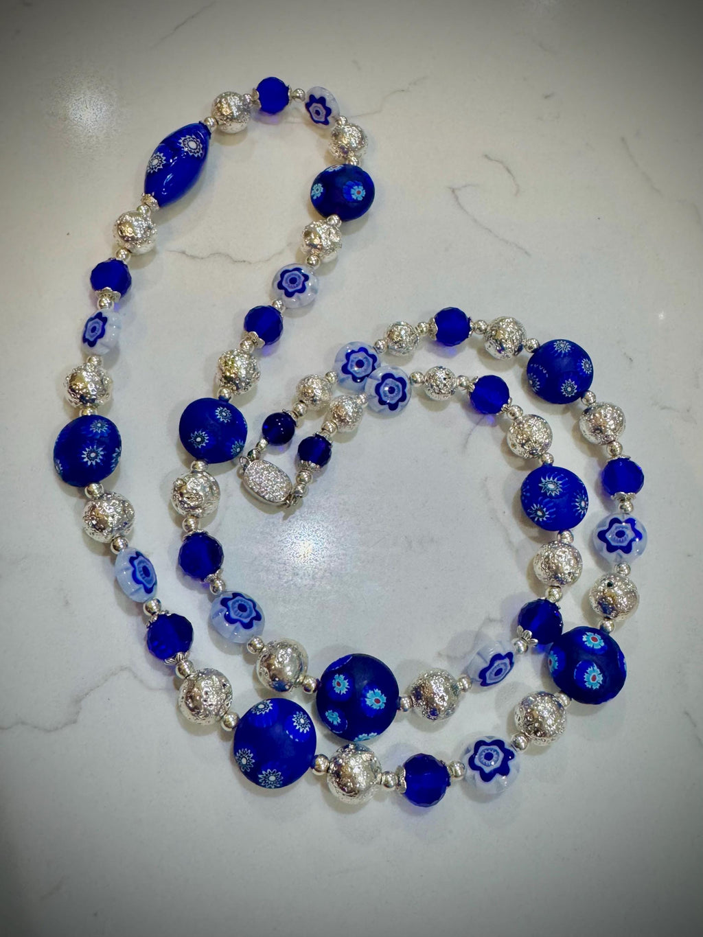Rosario Leonardi Midnight Blue & Silver Vintage Uncirculated Millefiori Murano Glass Beaded Necklace