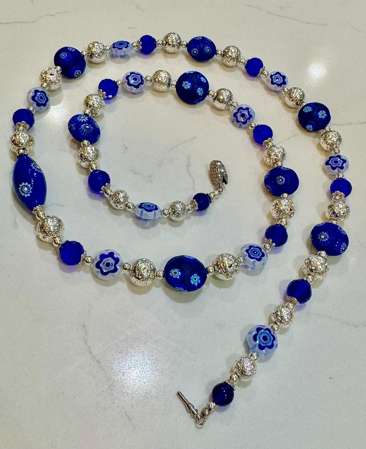 Rosario Leonardi Midnight Blue & Silver Vintage Uncirculated Millefiori Murano Glass Beaded Necklace