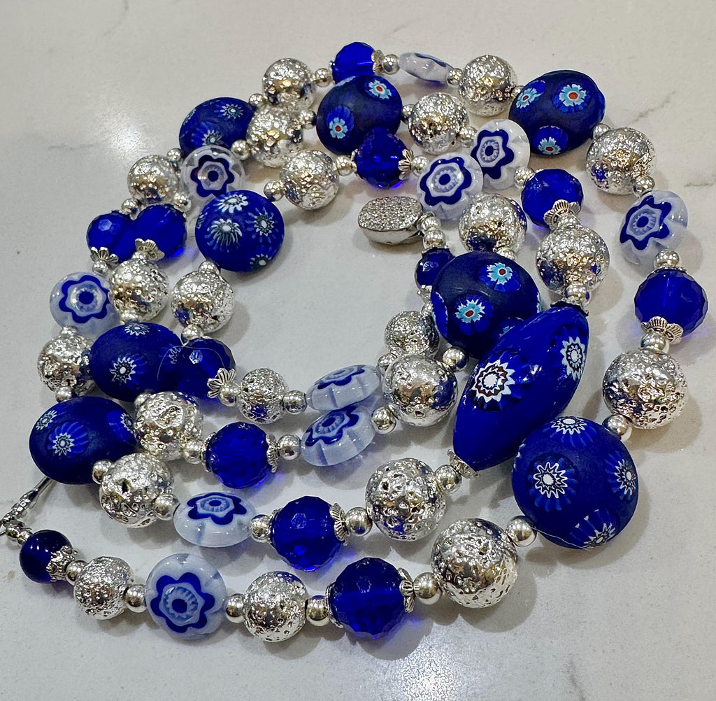Rosario Leonardi Midnight Blue & Silver Vintage Uncirculated Millefiori Murano Glass Beaded Necklace