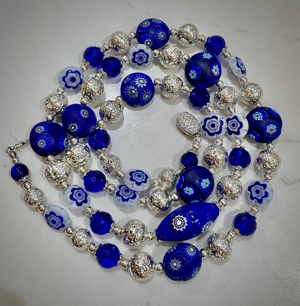 Rosario Leonardi Midnight Blue & Silver Vintage Uncirculated Millefiori Murano Glass Beaded Necklace