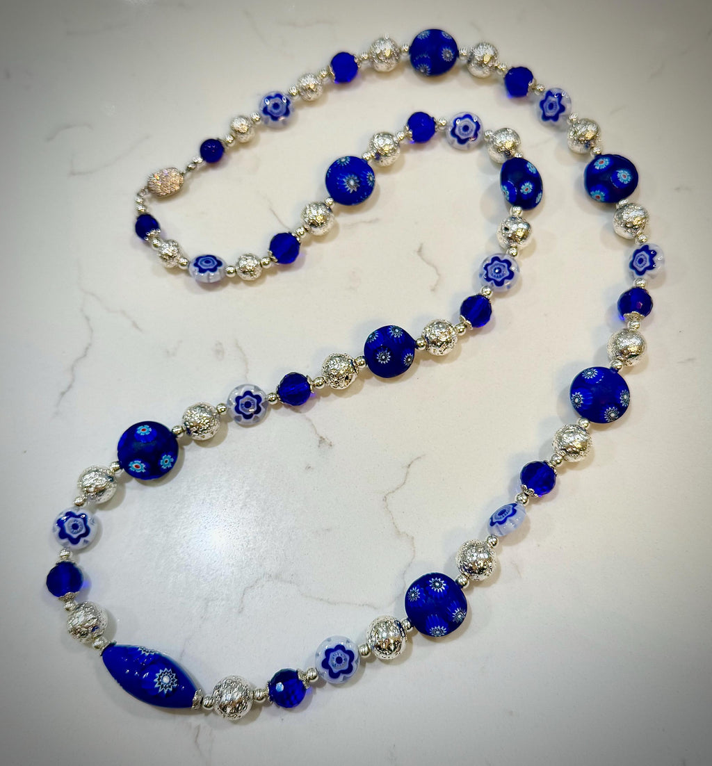 Rosario Leonardi Midnight Blue & Silver Vintage Uncirculated Millefiori Murano Glass Beaded Necklace