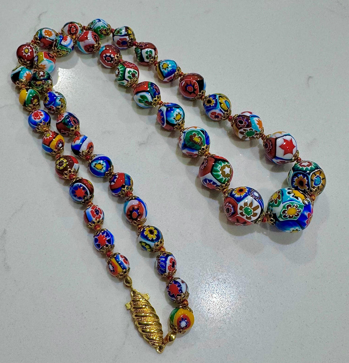 Exceptional Vintage Ercole Moretti Graduated Round Millefiori Murano Glass Beaded Necklace, 26”