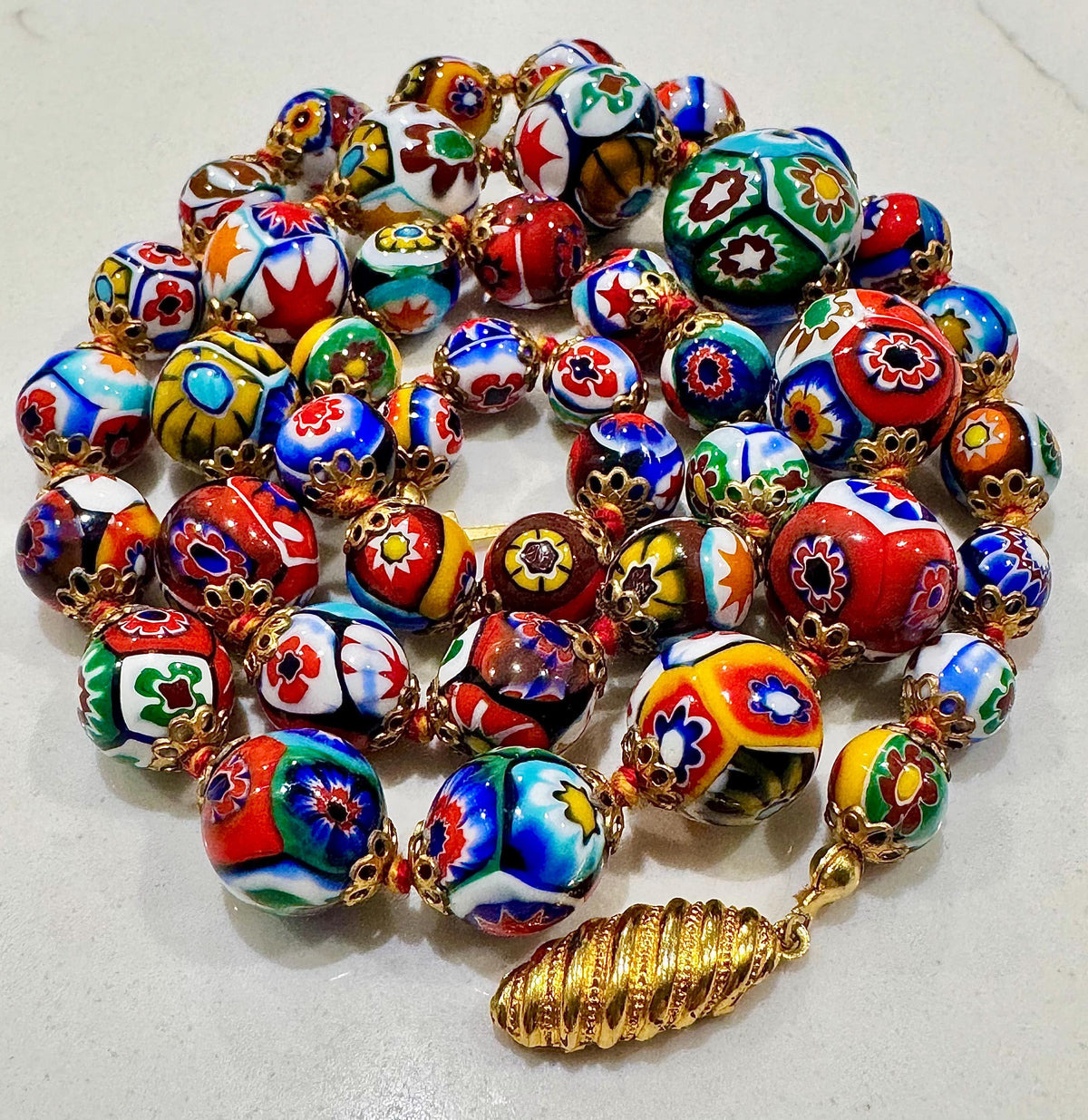 Exceptional Vintage Ercole Moretti Graduated Round Millefiori Murano Glass Beaded Necklace, 26”