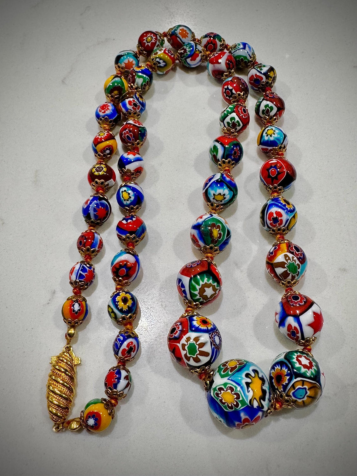 Exceptional Vintage Ercole Moretti Graduated Round Millefiori Murano Glass Beaded Necklace, 26”