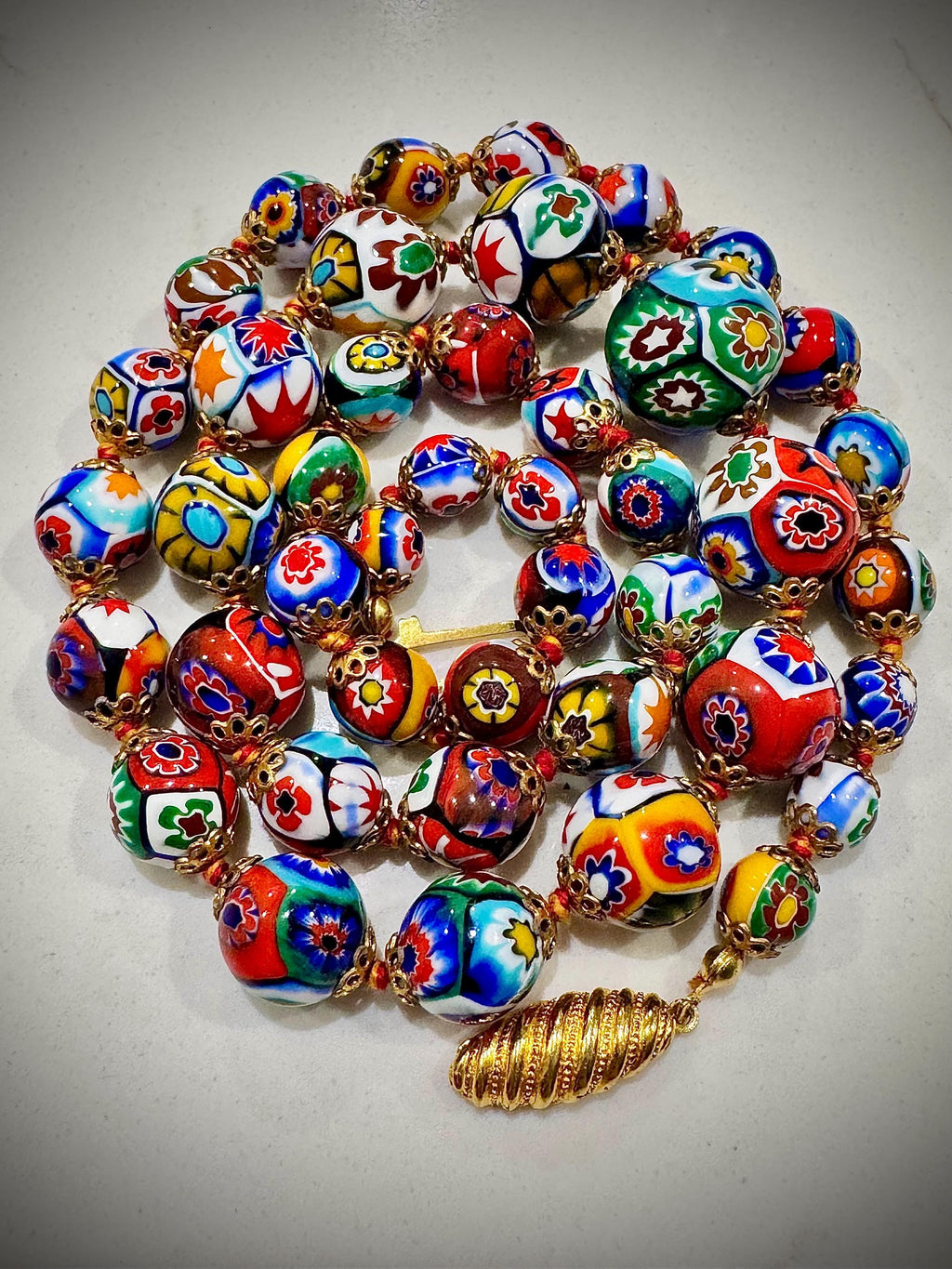 Exceptional Vintage Ercole Moretti Graduated Round Millefiori Murano Glass Beaded Necklace, 26”