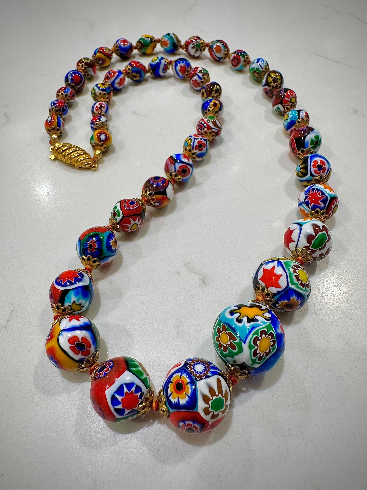 Exceptional Vintage Ercole Moretti Graduated Round Millefiori Murano Glass Beaded Necklace, 26”