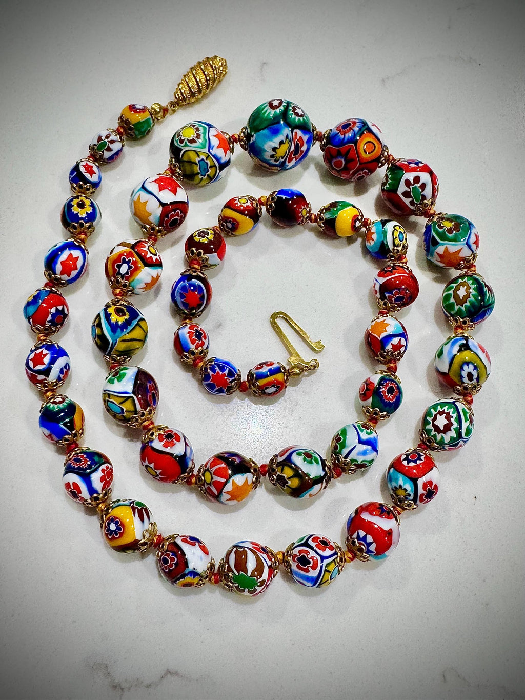 Exceptional Vintage Ercole Moretti Graduated Round Millefiori Murano Glass Beaded Necklace, 26”