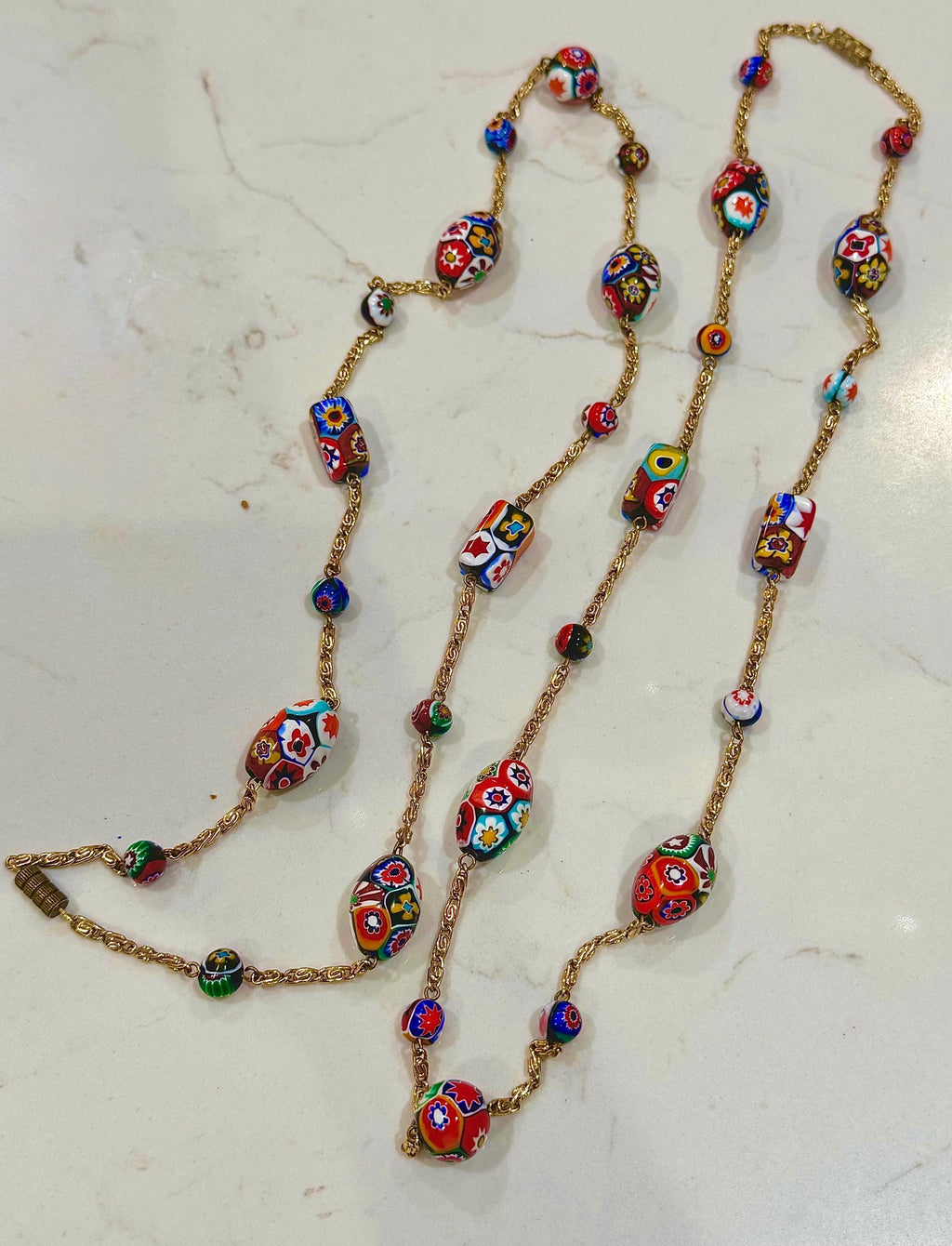 Ercole Moretti 26” Rectangle, Oval and Round Beaded Necklace on a Gold Tone Chain