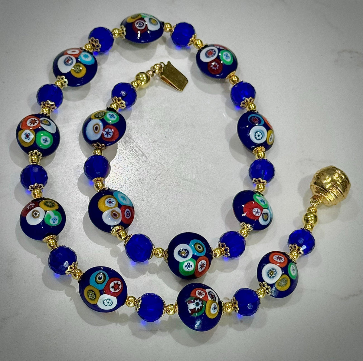 Rosario Leonardi Deep Blue Murano Millefiori Beaded Necklace