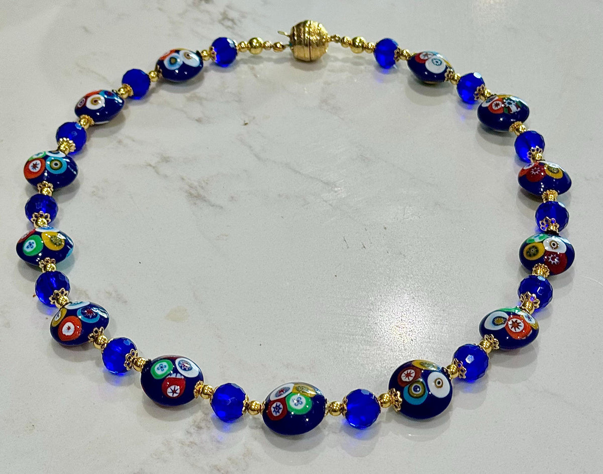 Rosario Leonardi Deep Blue Murano Millefiori Beaded Necklace